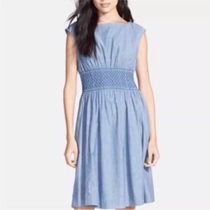 Kate Spade Blair Chambray Fit & Flare Midi Dress Smocked Waist Size 12